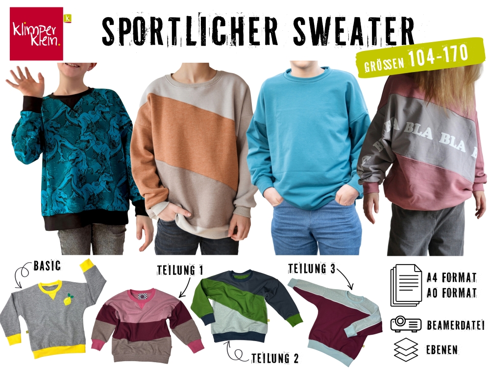 Bild 1 von Sportlicher Sweater 104 bis 170 Schnittmuster mit Halsdreieck 3 Teilungen  Beamerdatei  und Ebenen
